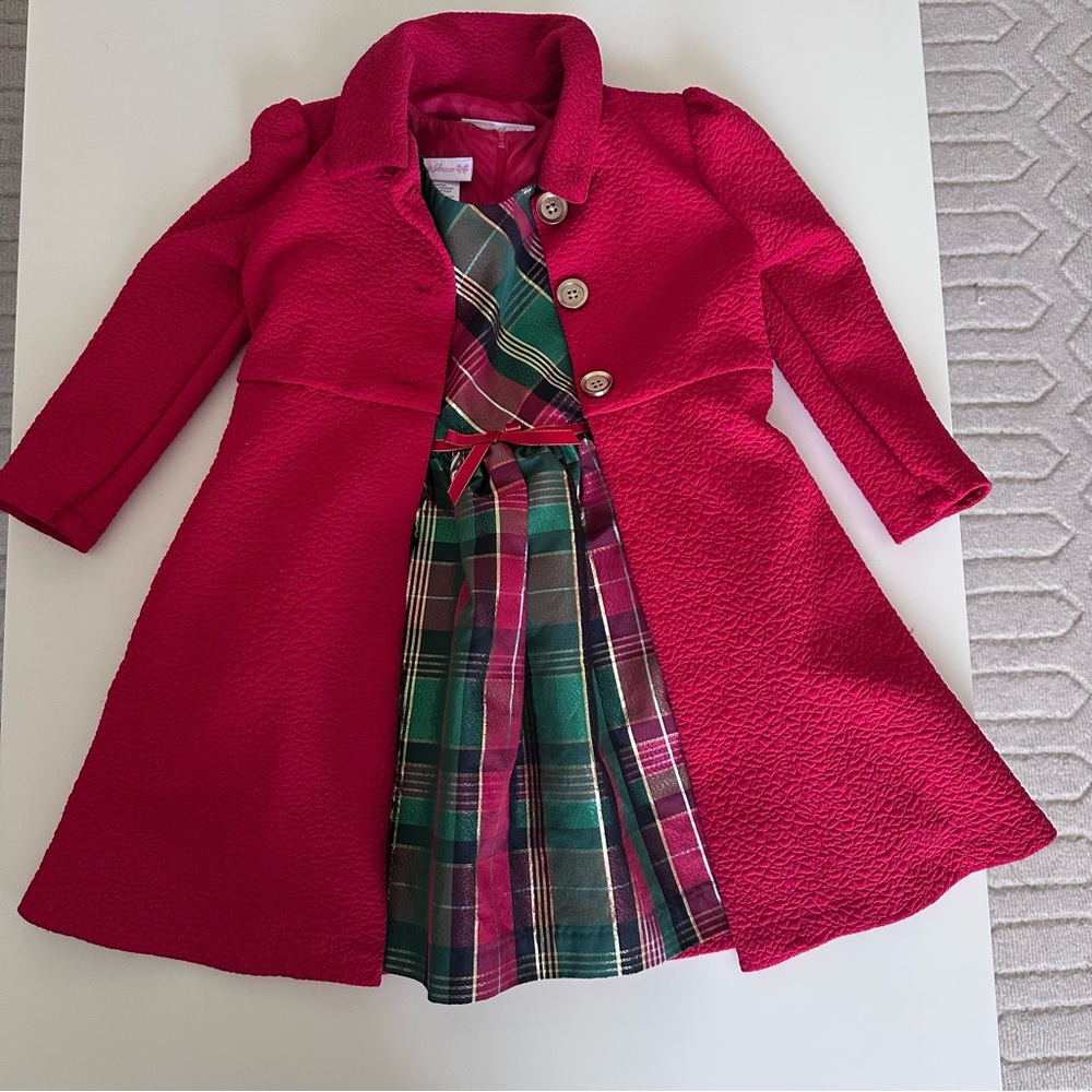 Bonnie Jean Red Coat with Plaid Taffeta Dress Holiday Christmas Size 4